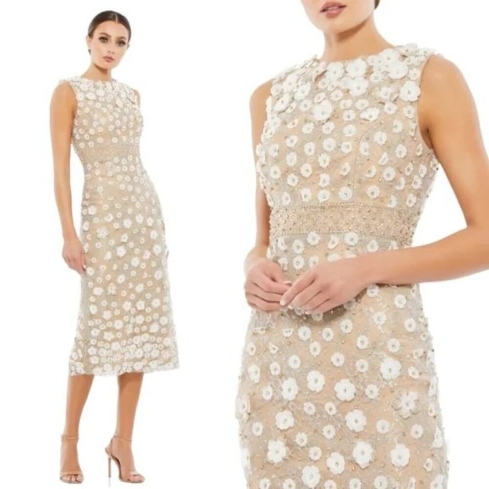 New Mac Duggal 67853 Floral Appliqué Sleeveless Midi Dress Size 4 Ivory Nude